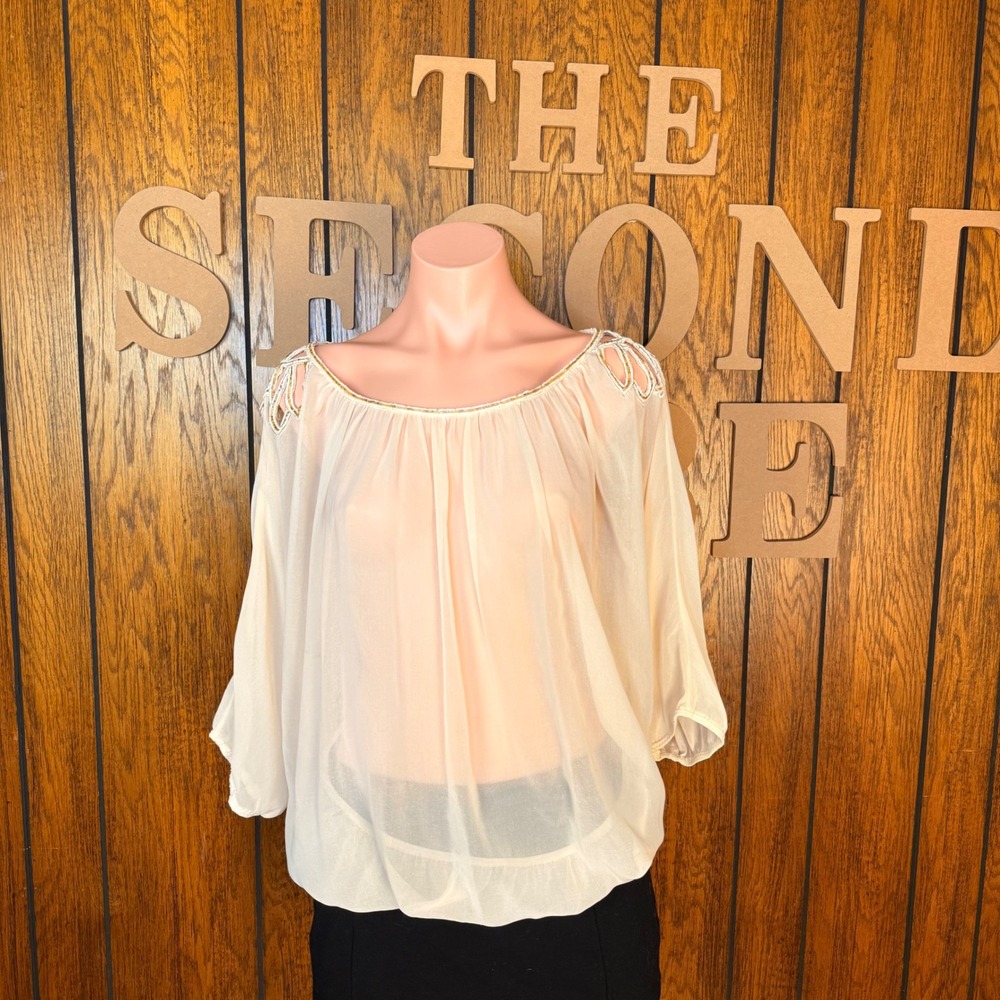 Sweet Rain Blouse Women Med Cream Beaded Y2K Boho Indie Sleaze Whimsy Fairycore